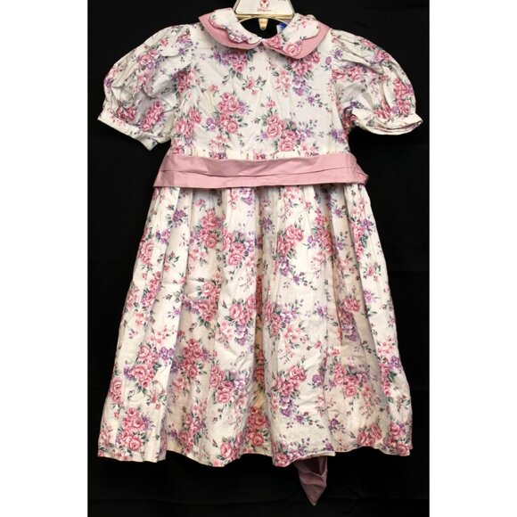 Vtg 90s Jan Briggs Pink Cabbage Rose Dress 4T Scallop Collar Sash Spring Easter - Picture 1 of 9